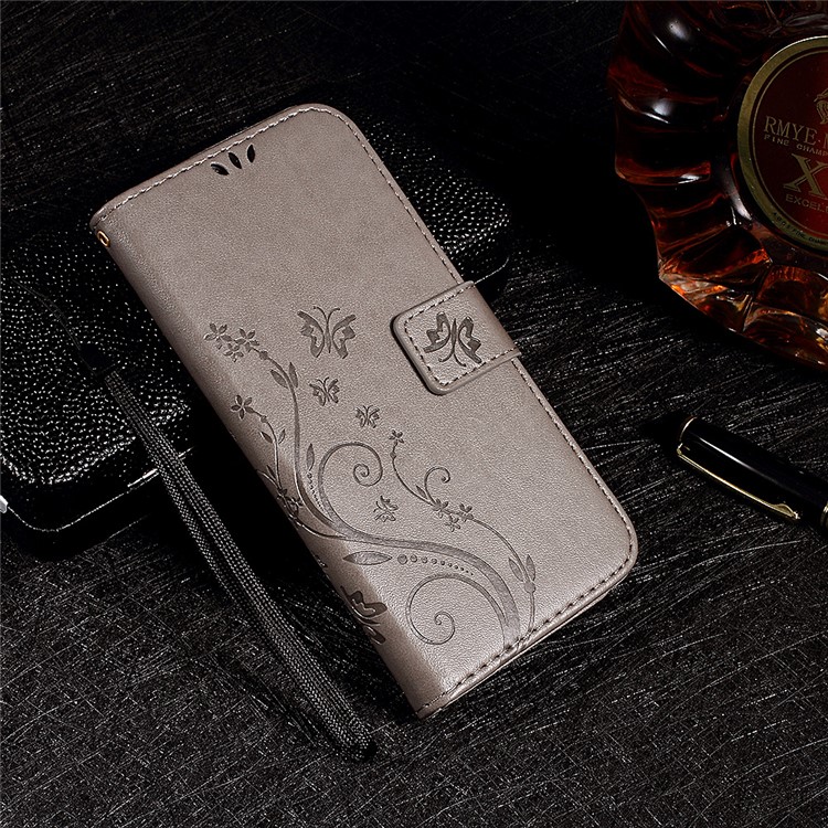 Imprinted Butterfly Flower Wallet Leather Cover Case for Meizu M2 mini - Grey-1