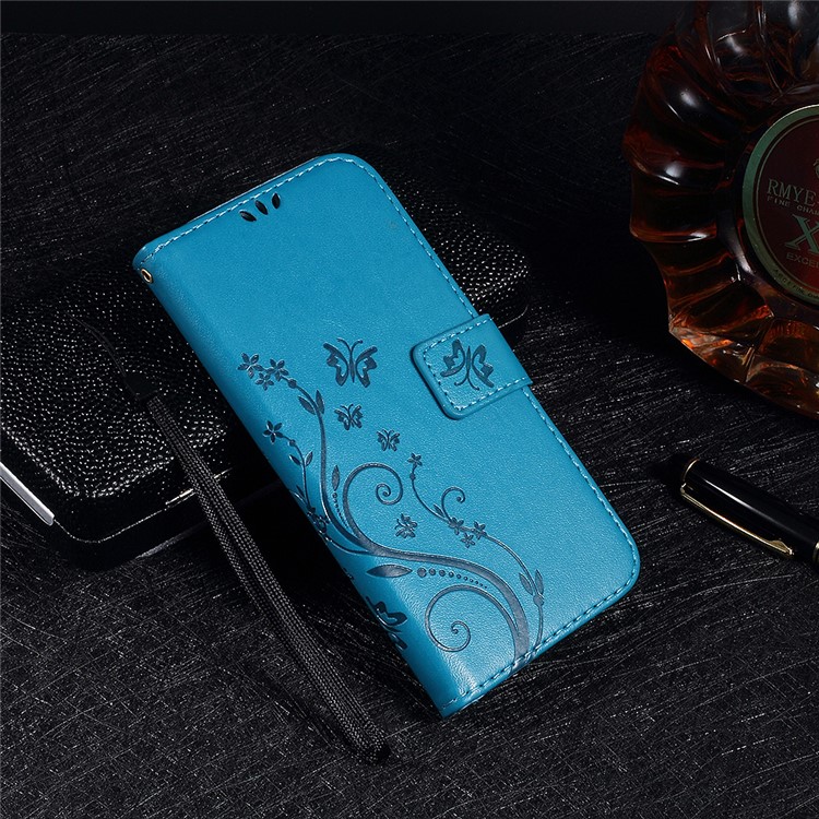 Imprinted Butterfly Flower Wallet Leather Mobile Casing for Meizu M2 mini - Blue-1