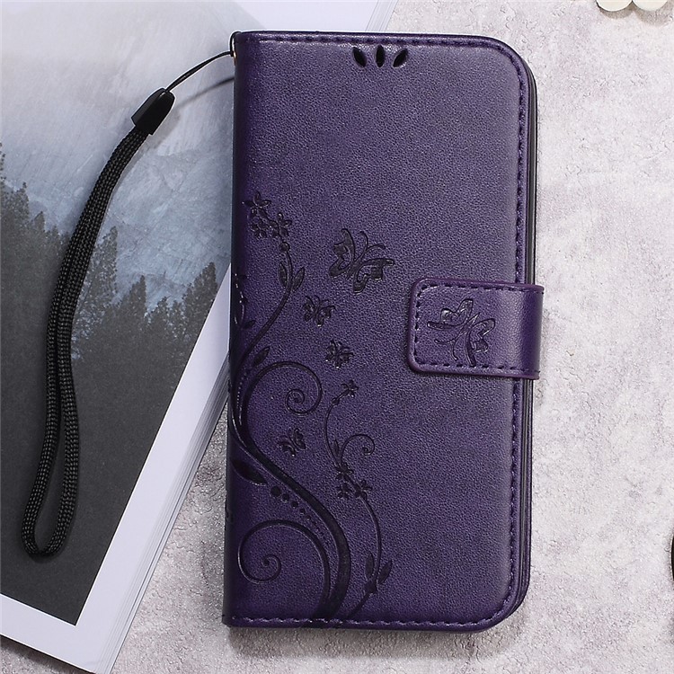 Imprinted Butterfly Flower Wallet Leather Stand Case Shell for Meizu m3 - Purple-1