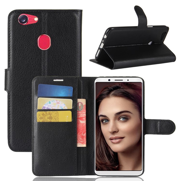 Litchi Skin PU Leather Wallet Stand Phone Shell for OPPO F5 - Black-1