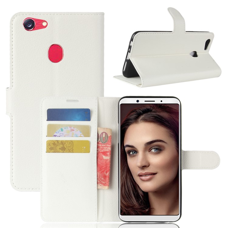 Litchi Skin PU Leather Wallet Stand Phone Cover for OPPO F5 - White-1