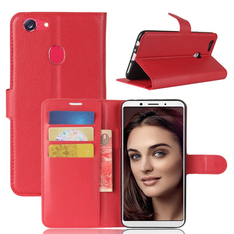 Litchi Skin PU Leather Wallet Stand Phone Case for OPPO F5 - Red-1