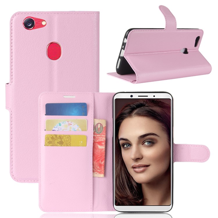 Litchi Skin PU Leather Wallet Stand Cell Phone Shell for OPPO F5 - Pink-1