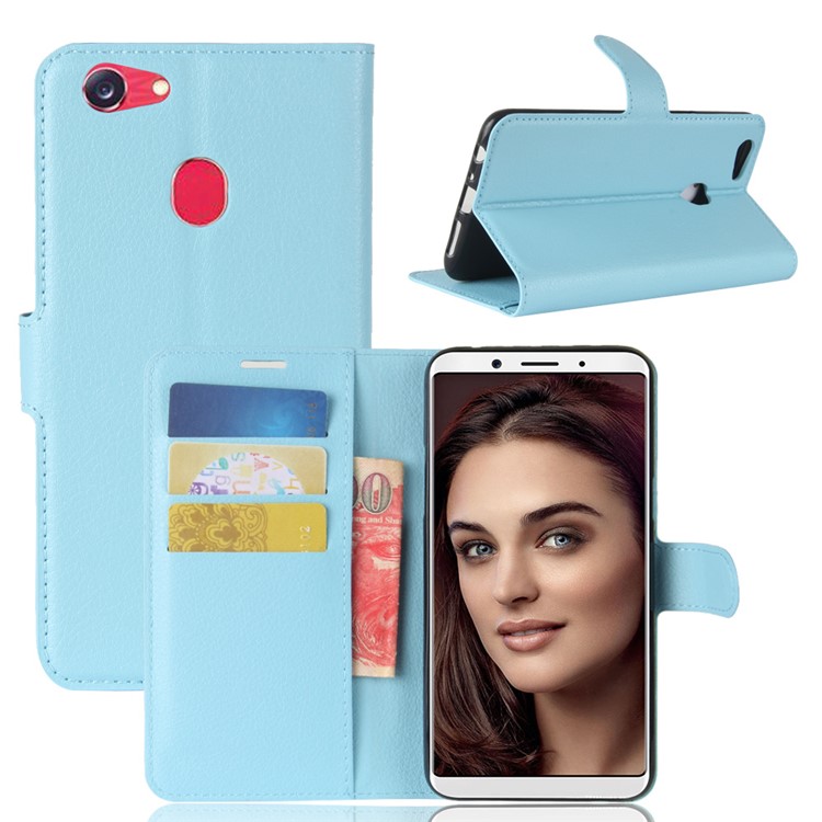 Litchi Skin PU Leather Wallet Stand Cell Phone Cover for OPPO F5 - Blue-1