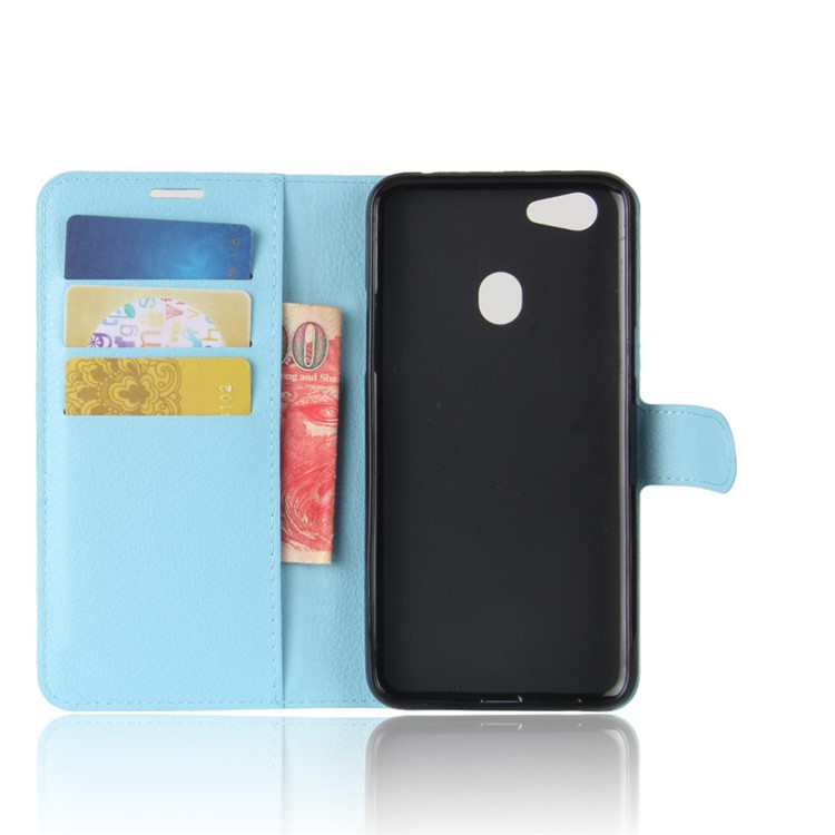 Litchi Skin PU Leather Wallet Stand Cell Phone Cover for OPPO F5 - Blue-3