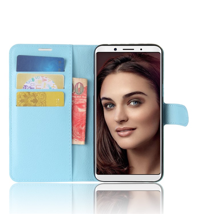 Litchi Skin PU Leather Wallet Stand Cell Phone Cover for OPPO F5 - Blue-4