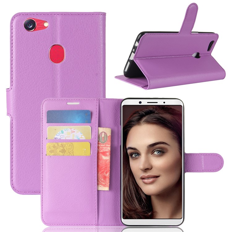 Litchi Skin PU Leather Wallet Stand Mobile Phone Case for OPPO F5 - Purple-1