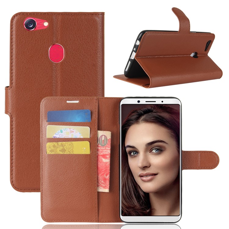 Litchi Skin PU Leather Wallet Stand Cell Phone Case for OPPO F5 - Brown-1
