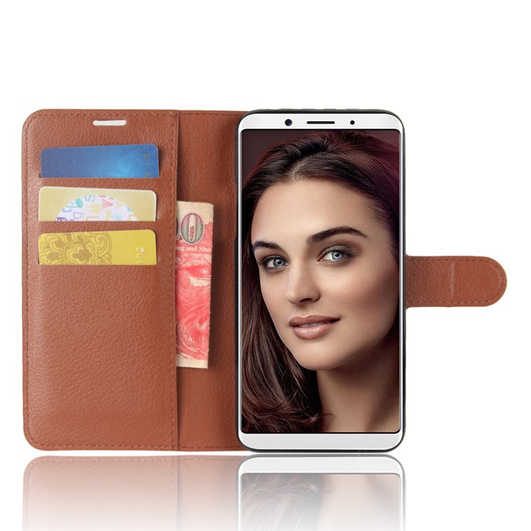 Litchi Skin PU Leather Wallet Stand Cell Phone Case for OPPO F5 - Brown-4