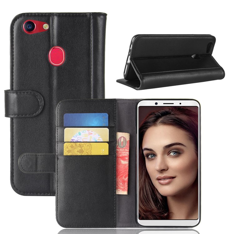 Split Leather Magnetic Wallet Phone Shell with Stand for OPPO F5 - Black-1