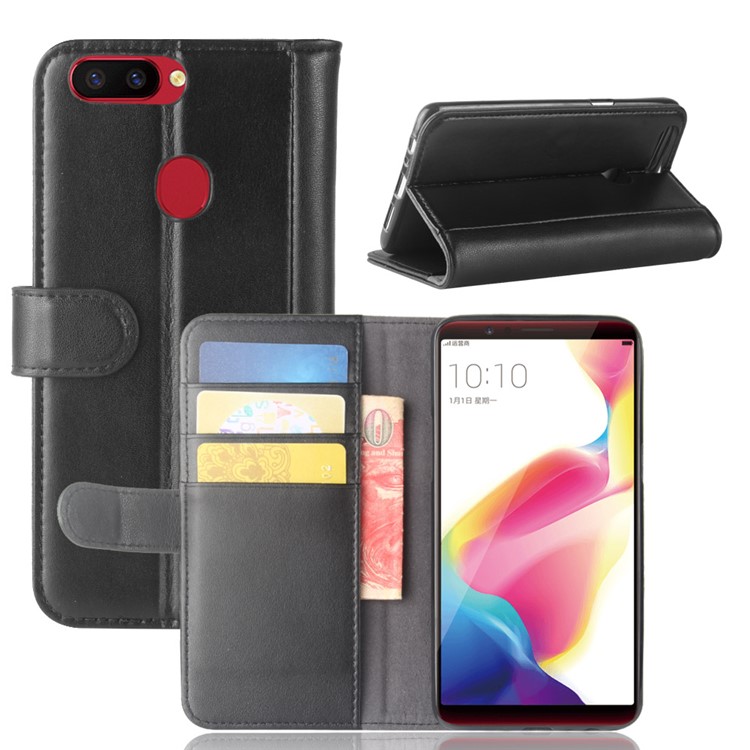 Genuine Split Leather Wallet Stand Protective Mobile Case for OPPO R11s - Black-1