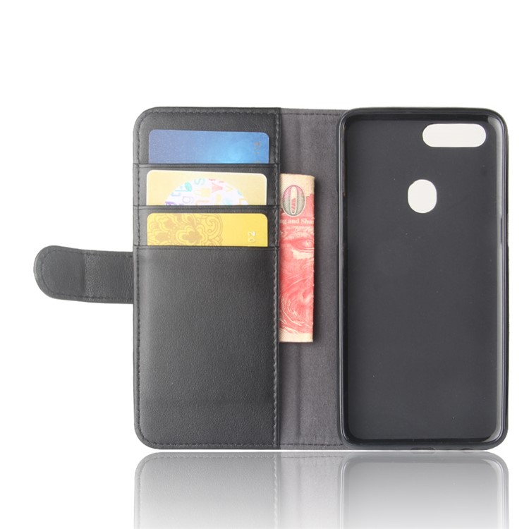 Genuine Split Leather Wallet Stand Protective Mobile Case for OPPO R11s - Black-4