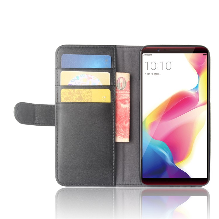 Genuine Split Leather Wallet Stand Protective Mobile Case for OPPO R11s - Black-5