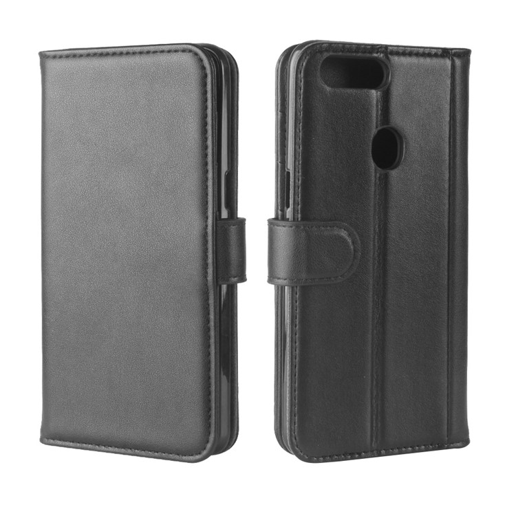 Genuine Split Leather Wallet Stand Protective Mobile Case for OPPO R11s - Black-8