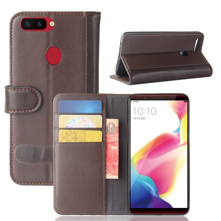 Genuine Split Leather Wallet Stand Protective Phone Cover for OPPO R11s - Brown-1