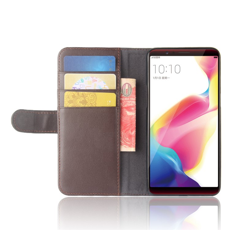 Genuine Split Leather Wallet Stand Protective Phone Cover for OPPO R11s - Brown-5