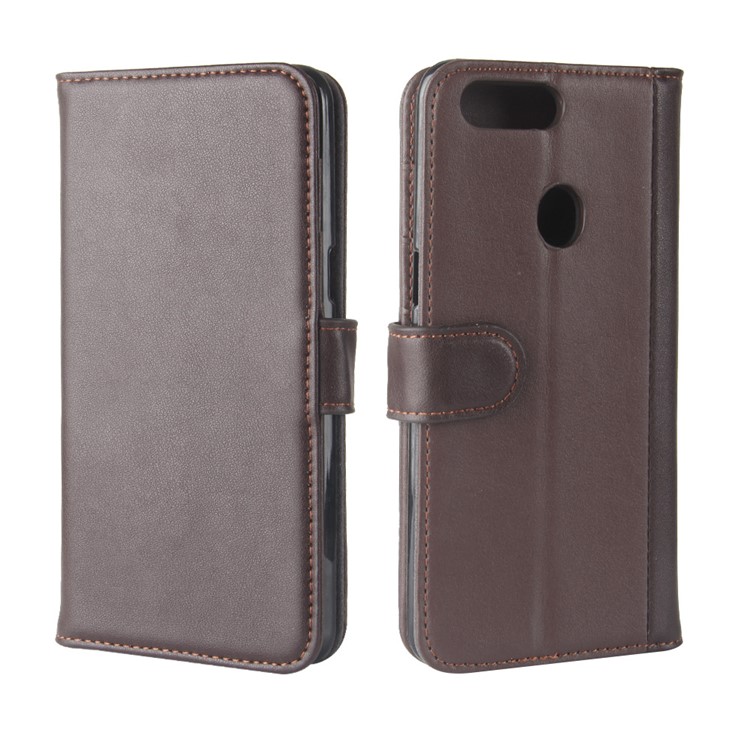 Genuine Split Leather Wallet Stand Protective Phone Cover for OPPO R11s - Brown-8