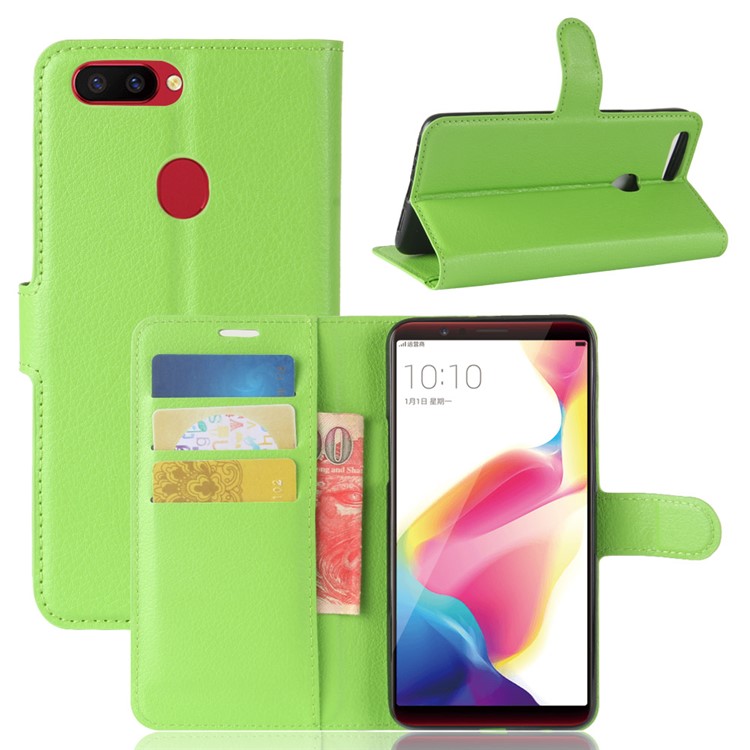 Litchi Skin Leather Stand Case with Card Slots for OPPO R11s Plus - Green-1
