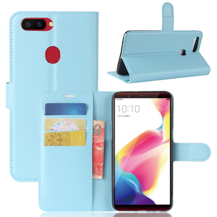 Litchi Skin Leather Stand Cover with Card Slots for OPPO R11s Plus - Baby Blue-1