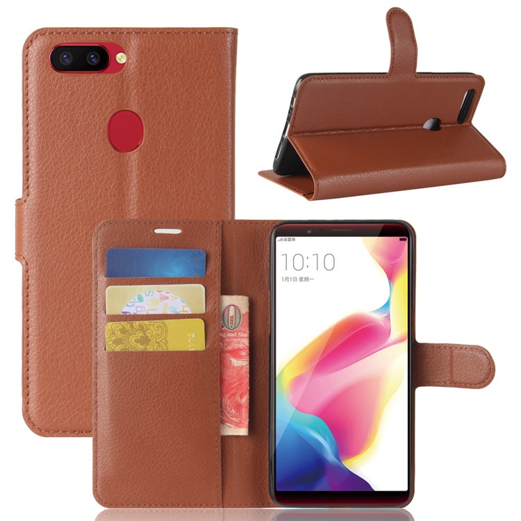 Litchi Skin Wallet Leather Protective Case for OPPO R11s Plus - Brown-1
