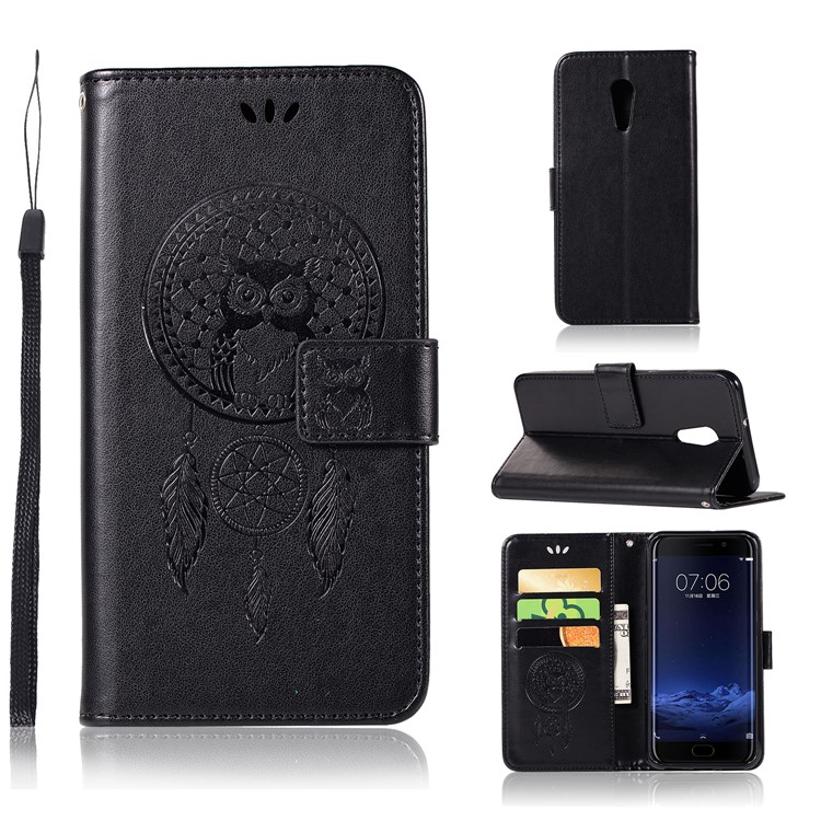 For vivo Xplay6 Imprint Owl Dream Catcher Wallet Stand Leather Case - Black-1