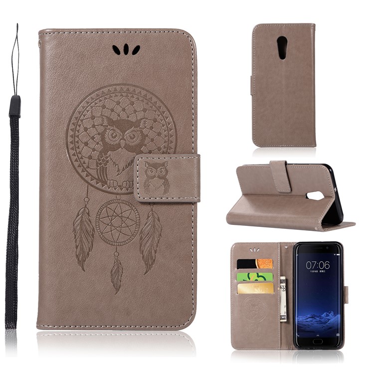 For vivo Xplay6 Imprint Owl Dream Catcher Wallet Stand Leather Cover - Grey-1