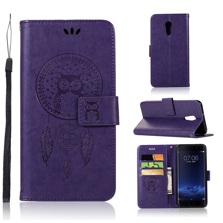 For vivo Xplay6 Imprint Owl Dream Catcher Wallet Stand Leather Cell Phone Cover - Purple-1