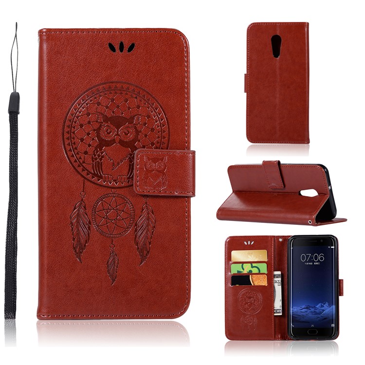 For vivo Xplay6 Imprint Owl Dream Catcher Wallet Stand Leather Protective Case - Brown-1