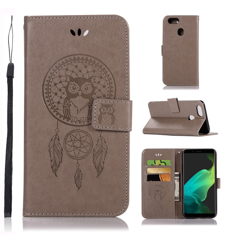 Imprint Dream Catcher Owl Magnetic Wallet PU Leather Stand Case for OPPO F5 - Grey-1