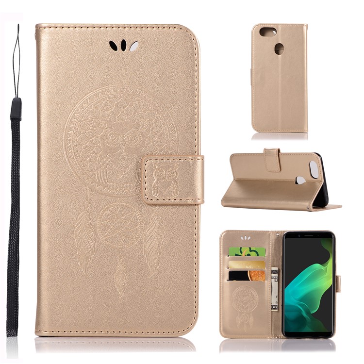 Imprint Dream Catcher Owl Magnetic Wallet PU Leather Stand Casing for OPPO F5 - Gold-1