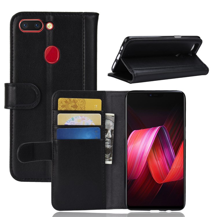 Genuine Split Leather Wallet Stand Phone Case for Oppo R15 - Black-1