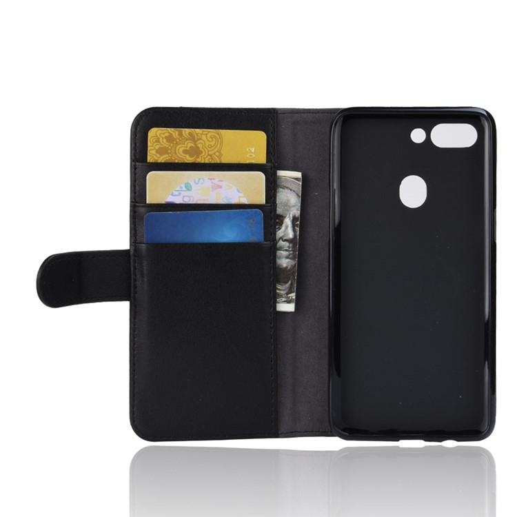 Genuine Split Leather Wallet Stand Phone Case for Oppo R15 - Black-4