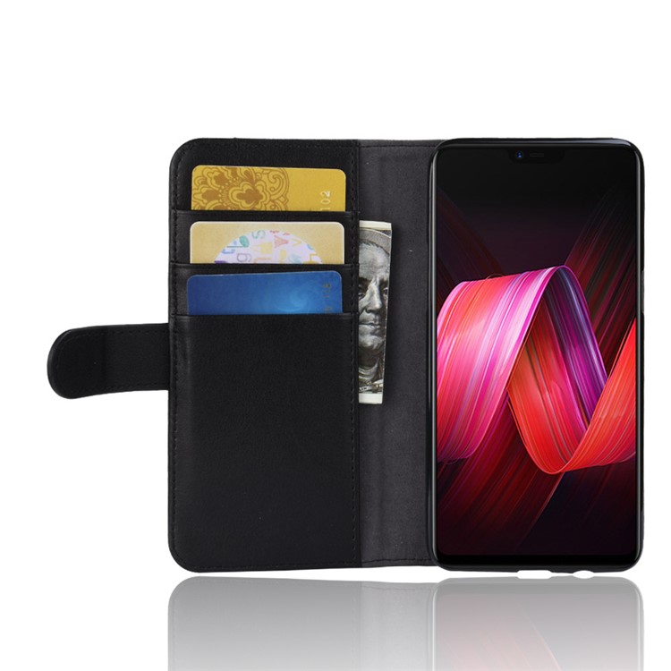 Genuine Split Leather Wallet Stand Phone Case for Oppo R15 - Black-5