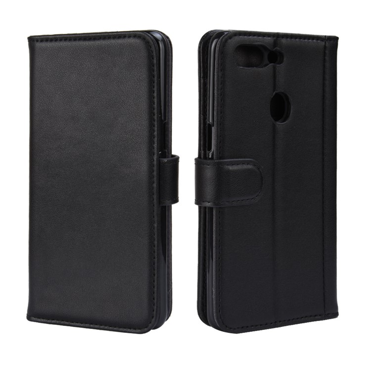Genuine Split Leather Wallet Stand Phone Case for Oppo R15 - Black-8
