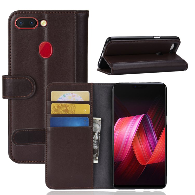 Genuine Split Leather Wallet Stand Phone Cover for Oppo R15 - Brown-1