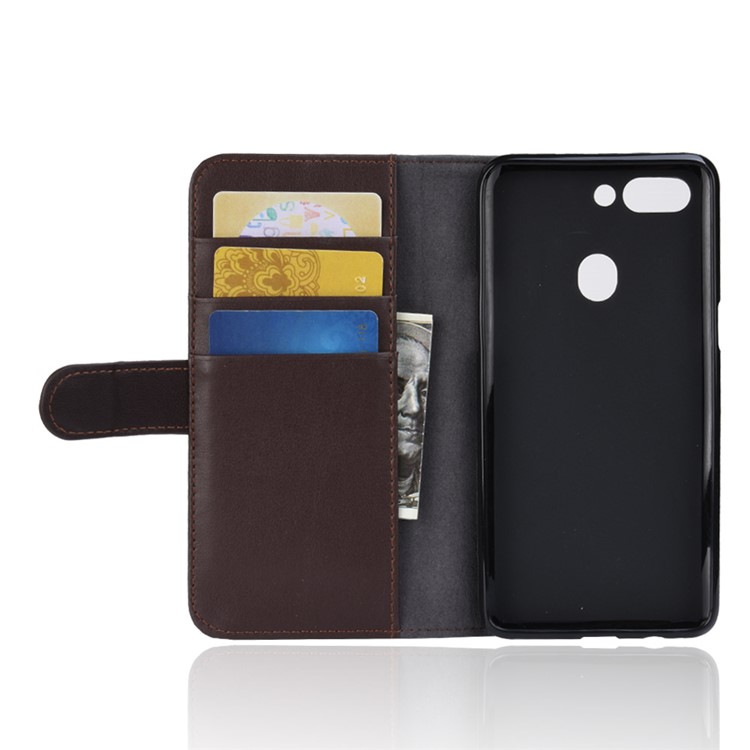 Genuine Split Leather Wallet Stand Phone Cover for Oppo R15 - Brown-4