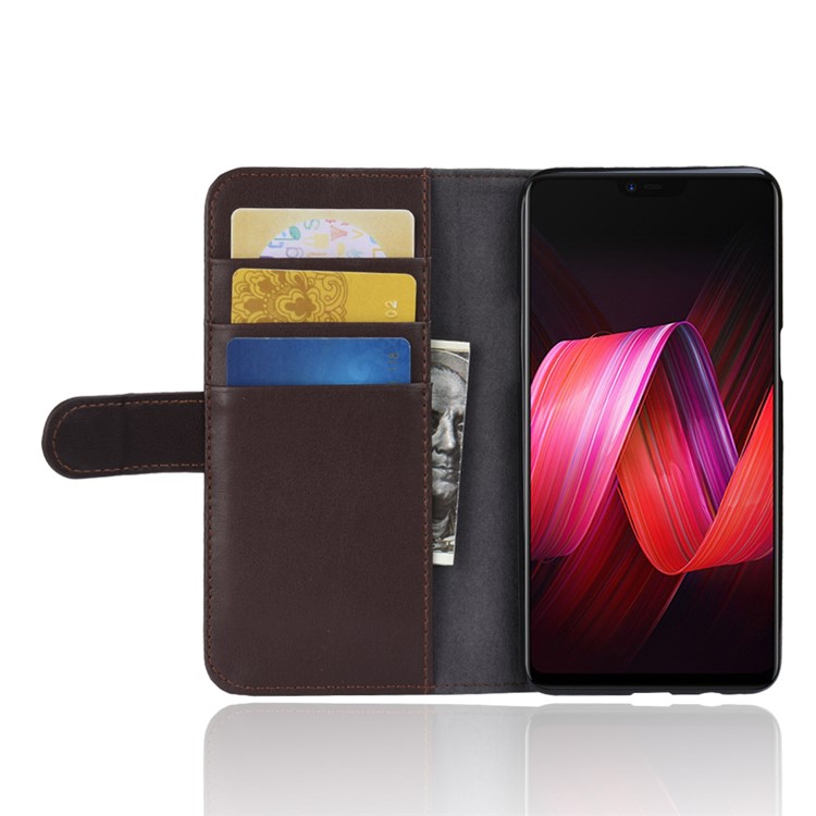 Genuine Split Leather Wallet Stand Phone Cover for Oppo R15 - Brown-5