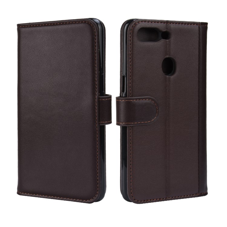 Genuine Split Leather Wallet Stand Phone Cover for Oppo R15 - Brown-8