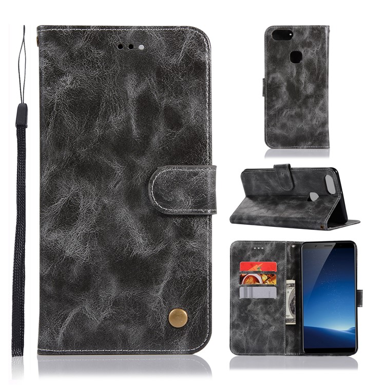 Premium Vintage Leather Wallet Cover for vivo X20 Plus - Grey-1