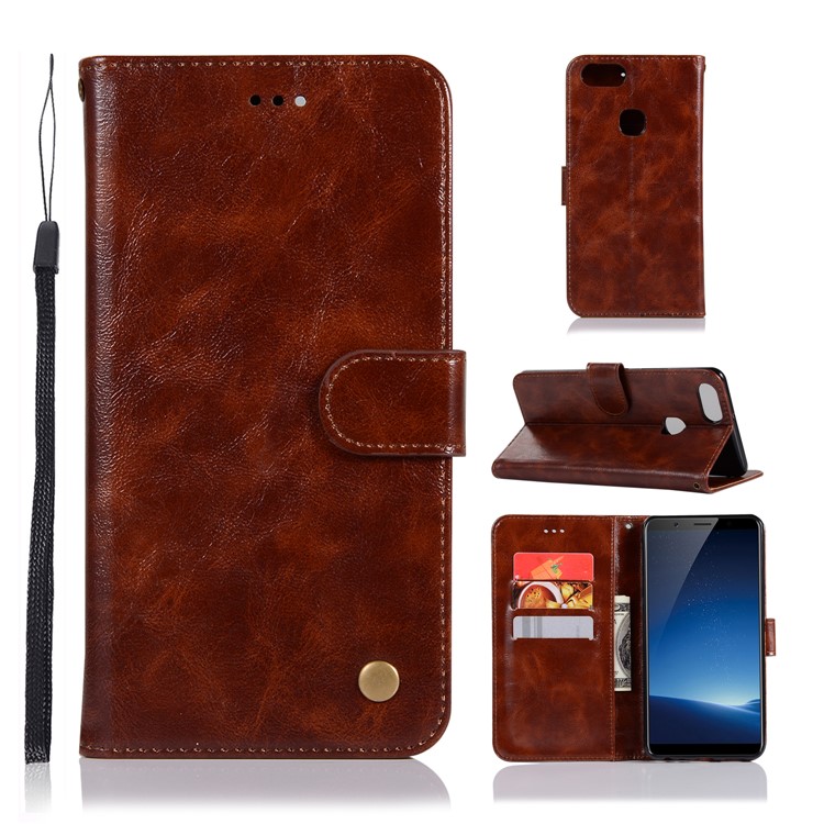 Premium Vintage Leather Wallet Case Phone Shell for vivo X20 Plus - Coffee-1