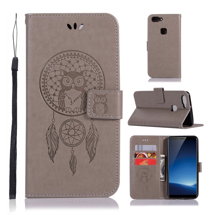Imprint Owl Dream Catcher Wallet Stand Leather Cover for vivo X20 - Grey-1