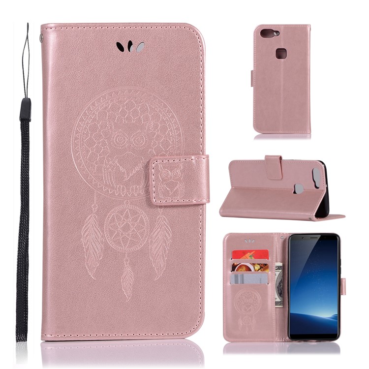 Imprint Owl Dream Catcher Wallet Stand Leather Shell for vivo X20 - Rose Gold-1