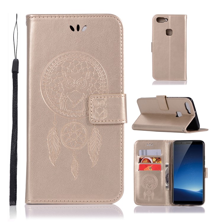 Imprint Owl Dream Catcher Wallet Stand Leather Casing for vivo X20 - Gold-1