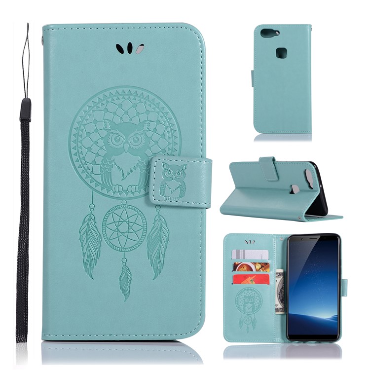 Imprint Owl Dream Catcher Wallet Stand Leather Mobile Phone Case for vivo X20 - Cyan-1