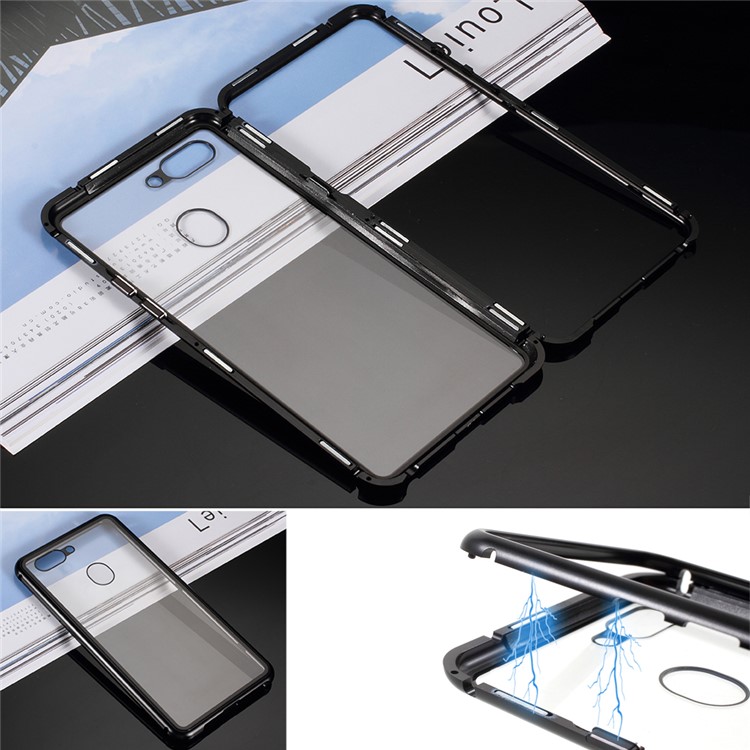 Detachable Magnetic Metal Frame + Tempered Glass Back Phone Case Cover for Oppo R15 - Black / Transparent-1