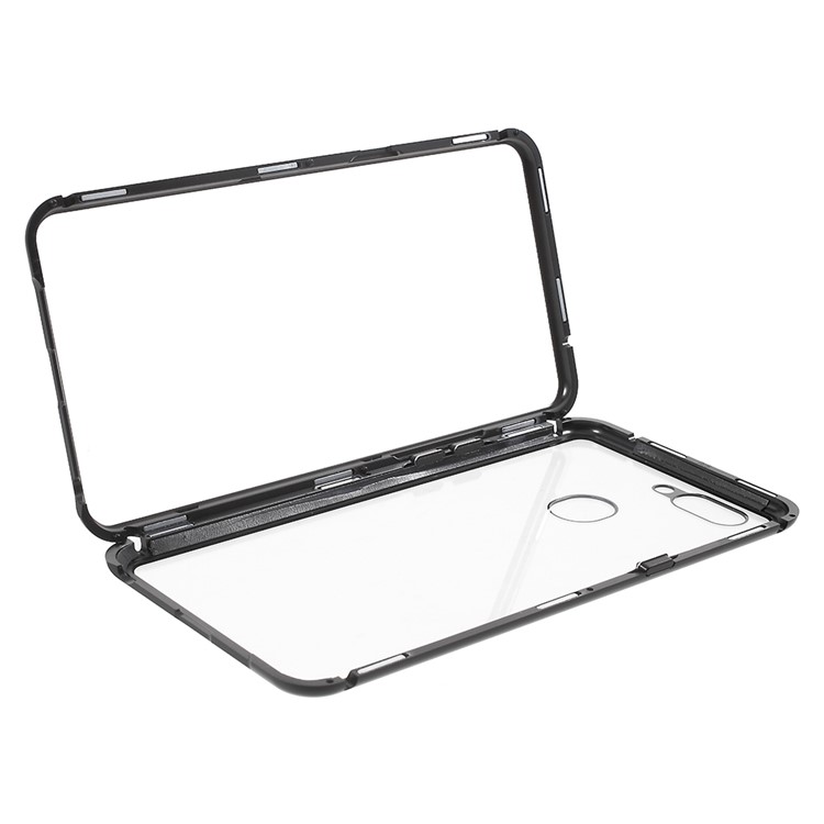 Detachable Magnetic Metal Frame + Tempered Glass Back Phone Case Cover for Oppo R15 - Black / Transparent-11
