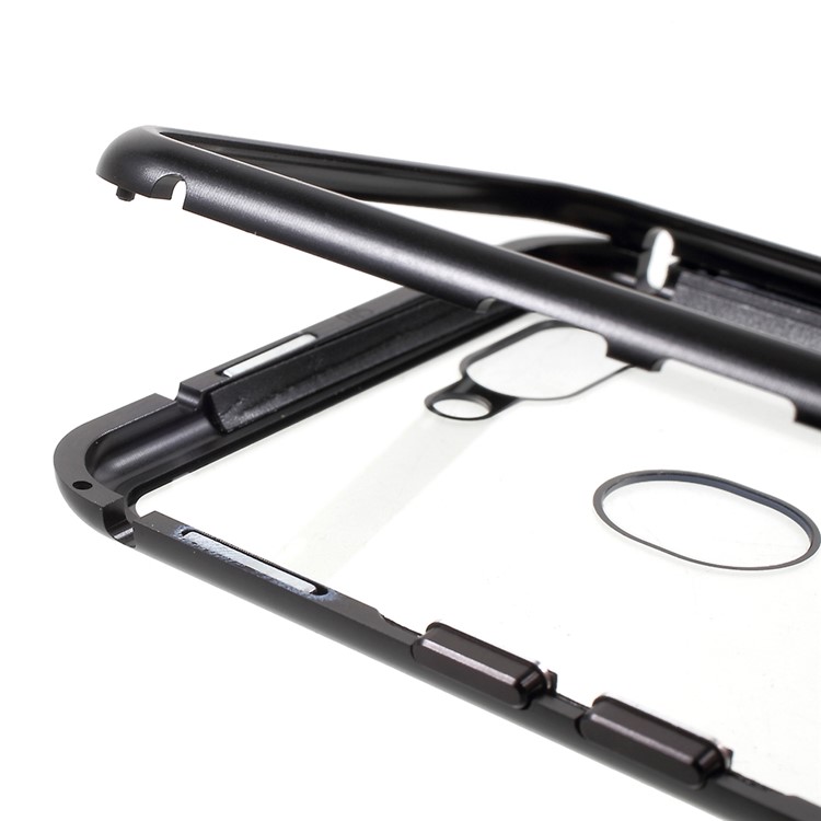 Detachable Magnetic Metal Frame + Tempered Glass Back Phone Case Cover for Oppo R15 - Black / Transparent-14