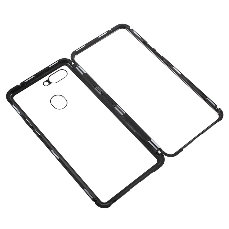 Detachable Magnetic Metal Frame + Tempered Glass Back Phone Case Cover for Oppo R15 - Black / Transparent-15