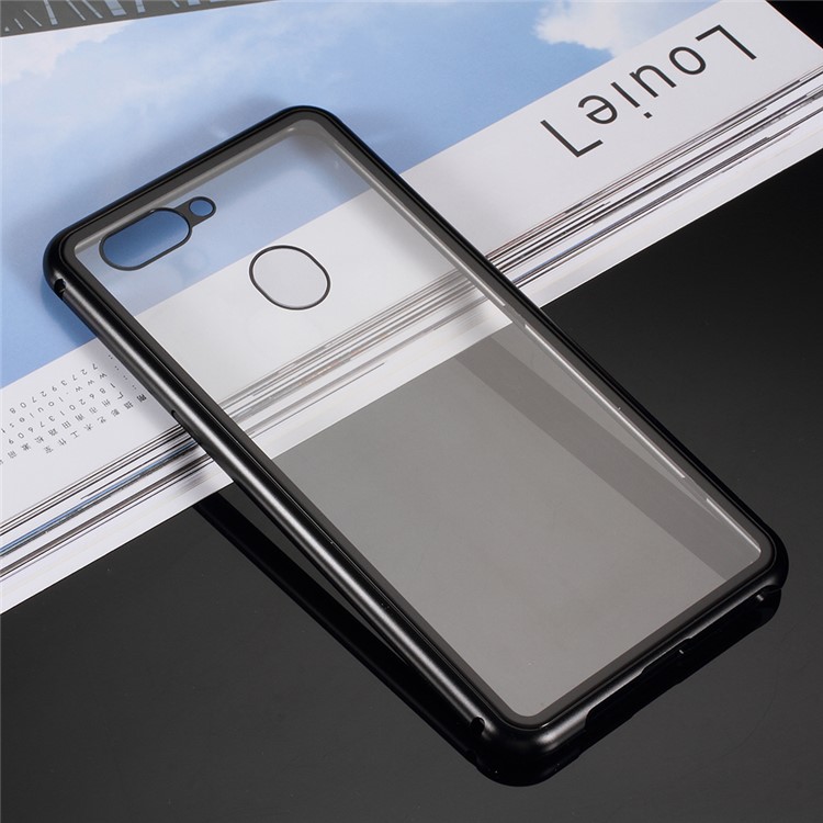 Detachable Magnetic Metal Frame + Tempered Glass Back Phone Case Cover for Oppo R15 - Black / Transparent-2
