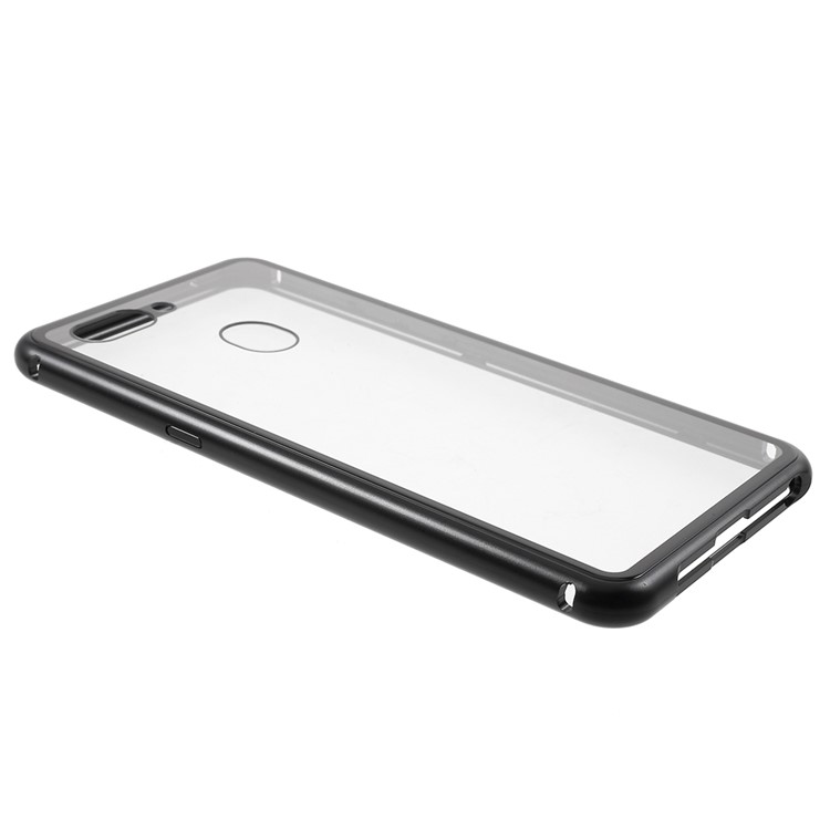 Detachable Magnetic Metal Frame + Tempered Glass Back Phone Case Cover for Oppo R15 - Black / Transparent-9